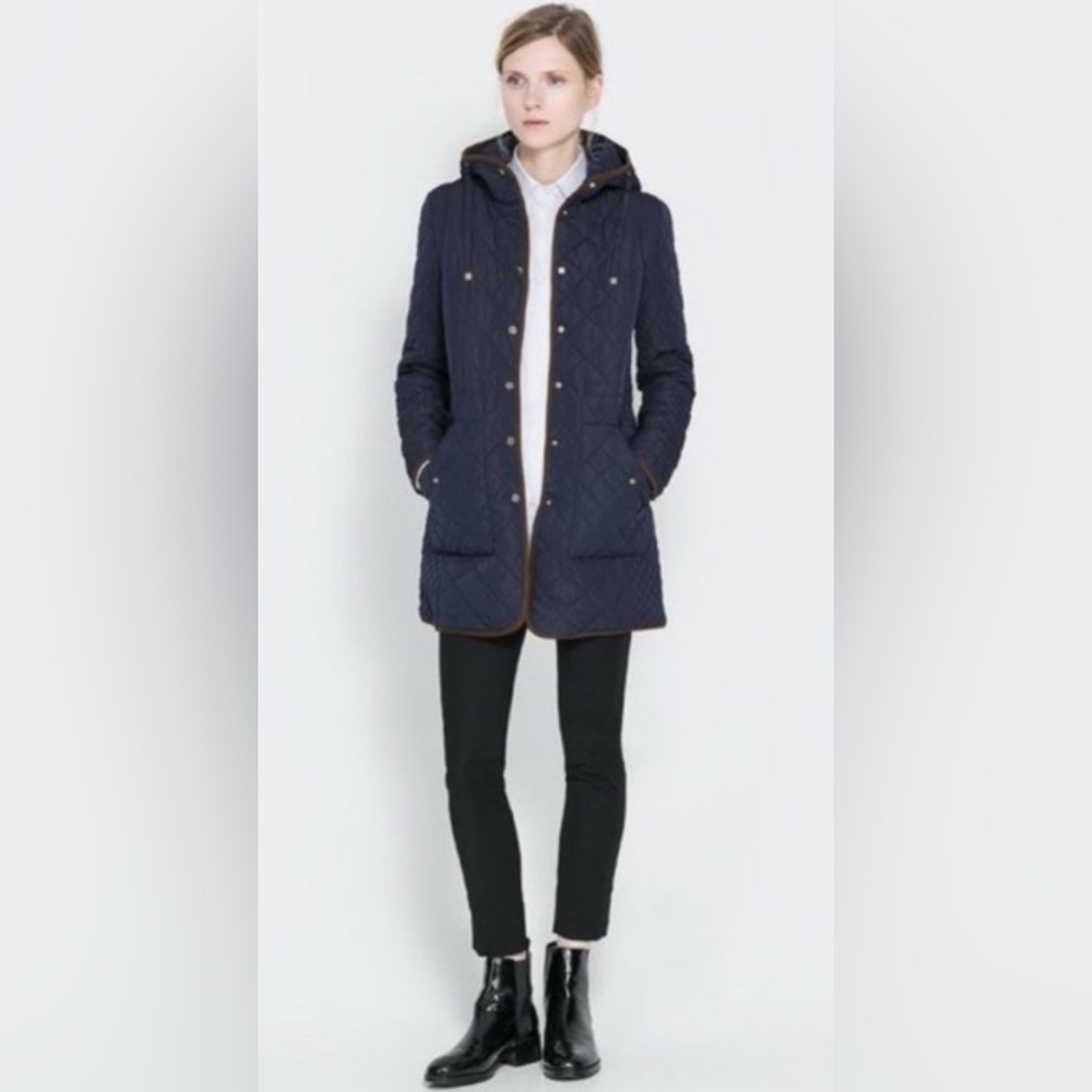 Zara Womens Large Navy Blue Quilted Puffer Pockets Full Zip Hooded Coat Jacket